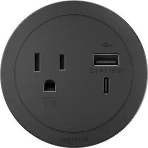 Wiremold RDSZCBK radiant Furniture Power Center with USB and Switch, Recessed Power Strip, 2 Outlets, Type A/C USB, 6 Foot Cord, Black Black Round Furniture Power Strip - 1 Outlet 10 Feet By DT