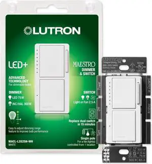 LED+ Dual Dimmer and Switch | 75-Watt LED Bulbs/2.5A Fans, Single-Pole | MACL-L3S25-WH | White   By DT