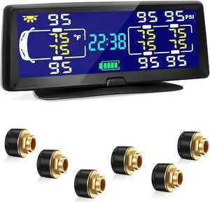 Tire Pressure Monitoring System, 7.84 Wireless Solar Rv TPMS with 4 Sensors for Travel Trailer Truck Fifth Wheel Motorhome, Real-time Monitoring Pressure and Temperature(0~198 PSI)