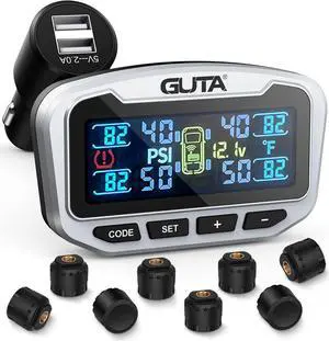 RV Tire Pressure Monitoring System, Trailer TPMS, 4 Sensors, 6 Alert Modes, Long Range Signal, CLA Charging & 2 USB-A Outputs, Adjustable LCD Display, Ideal for RV Truck Trailer Camper (0-188psi)