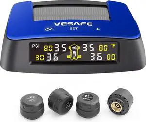 Wireless tire Pressure Monitoring System, TPMS, with Solar Charger, Different high/Low Pressure Limits for Two axles, auto Sleep Mode, only Work with Cars, not Work with Camping Vehicles