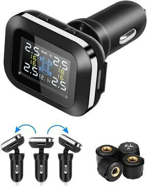 Tire Pressure Monitoring System TPMS, Wireless Adjustable Display Angle with 4 Waterproof External Sensors Auto Alarm Real-time Display Temperature Pressure(0-6 Bar / 0-87Psi)