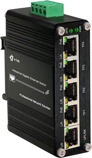Mini Industrial 5 Ports Gigabit Switch Hardened 5 Port RJ45 10/100/1000Mbps Ethernet Switch Din Rail Mount Ethernet Switch Wall Mounts Included (-40 to 167 ºF) 10Gbps Switching Capacity