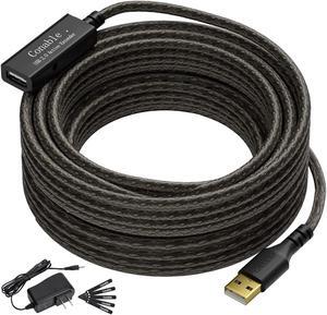 USB Extension Cable 100 Feet 22AWG USB 2.0 A Male to Female Cord (from 2ft to 150ft for Selection) with 2 Extension chipsets Signal Booster Repeater Cable with an AC Power Supply- 100ft