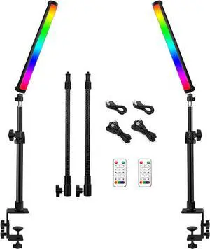 RGB Led Video Light Stick Wand with Stand, 360° Full Color 2500-9500K Portable Studio Photography Lighting, 5000mAh Rechargeable Battery &Magnet &15-25" C Clamp Desk Mount Light Stand for Vlog