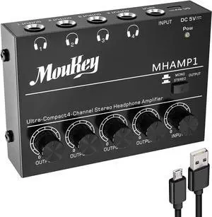 Headphone Amp Amplifier 4 Channels Metal Stereo Audio Amplifier,Mini Headphone amplifier portable - 4x Quarter Inch Balanced TRS Headphone Output and TRS Audio Input, DC5V Power Supply-MHAMP1