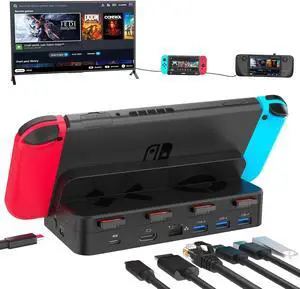 TV Dock Station for Nintendo Switch/Steam Deck 5-in-1 Docking Station Adapter One-touch Switching with 4 Game Card Storage Slot 3 USB 3.0 HDMI2.0 4K@60Hz Gigabit Ethernet PD USB-C 100W Charging