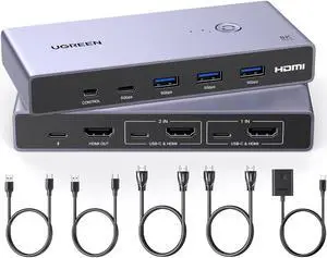 8K HDMI KVM Switch with 4 USB 3.0 Ports (3 USB-A + 1 USB-C) for 2 Computers Share 1 Monitor Keyboard Mouse Hard Drives Printer with 2 HDMI Cables, 2 USB Cables and Controller