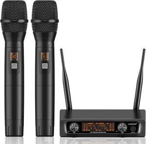 Metal Dual Wireless Microphone Systems: UHF Cordless Dynamic  Mic Handheld Set, Auto Connect - Long Transmission Range 200ft with Receiver for Home KTV, DJ Party, Church, Wedding, Speech.