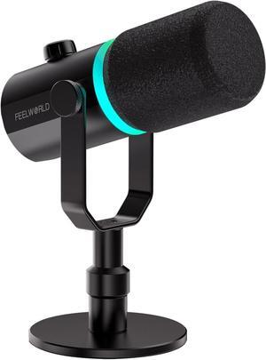 FEELWORLD PM1 XLR USB Dynamic Microphone with Desktop Stand for Podcast Recording PC Computer Gaming Live Streaming Vocal Voice-Over, Studio Metal Mic, RGB Light, Mute Button, Headphones Jack