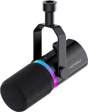 FEELWORLD PM1 XLR USB Dynamic Microphone for Podcast Recording PC Computer Gaming Live Streaming Vocal Voice-Over, Studio Metal Mic with Voice-Isolating, RGB Light, Mute Button, Headphones Jack