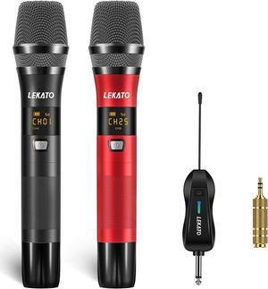 LEKATO Wireless Microphone, UHF Professional Microphones Rechargeable Metal Dual Wireless Microphone Dynamic Microphone System Set with Rechargeable Receiver for  Singing, Speech, Wedding