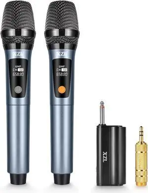 Wireless Microphone, Rechargeable Two Cordless Microphones with Long-Distance 1/4" Receiver, Plug and Play for Karaoke Singing, Lecture, Wedding Host, Church, Stage Performance