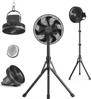 10in Foldable Camping Fan, Detachable Tripod, 10000mAh Rechargeable, Remote Control, Quiet Oscillating, Adjustable Height Pedestal Floor Fan for Home