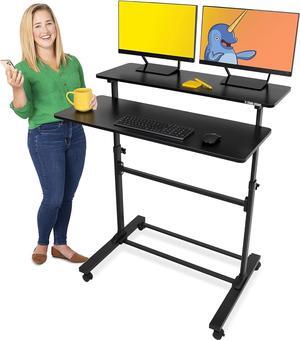 Tranzendesk | Height Adjustable Teacher Desk on Wheels | Mobile Standing Desk with Shelf | Two Level Portable Workstation | Stand Up Desk for Presentations (Black/40x28in)