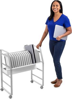 16 Device Mobile Charging Station - Portable Rolling Open Charging Storage Cart with Reversible Top Shelving for Tablets, Laptops, Chromebooks, UL Safety-Certified Surge Protection (Black)