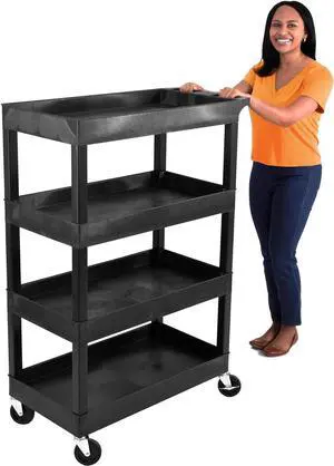 Tubstr 4 Shelf Utility Cart Supports Up to 300 lbs - Heavy-Duty Plastic Service Push Cart with Deep Shelves and 4" Casters, for Offices, Warehouse Storage, Garage (Black, 35 x 18 x 50)