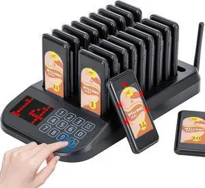 Restaurant Pager System Wireless Calling System Social Distancing Buzzer Max 98 Nursery Pager Set Vibration Waiting Buzzers for Food Truck Church Clinic (20 Pagers (Updated Version 2))