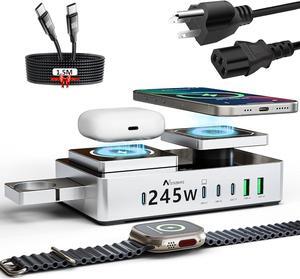 Charger Station 9 in 1, 245W USB C Charger, USB C Charger Block+Wireless Charging Station+Watch Stand, Multiple Devices for Mac/Air Ipad Iphone15/14/android/Airpods (No Watch Charger) withe