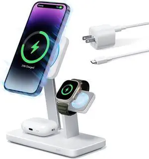 15W 3 in 1 Magsafe Charger Stand with CryoBoost, Made for -Certified Magnetic Wireless Charger, 3 in 1 Charging Station for iPhone 15/14/13  Watch/AirPods Pro,Phone-Cooling Charger,White