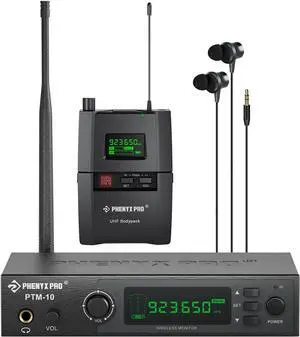 UHF Stereo Wireless in Ear Monitor System, Wireless IEM, 900MHz Band Selectable Frequency, Rack Mountable, 160 ft. Operation, Suitable for Stage, Studio, Exhibit, Lecture, Speech (PTM-10)