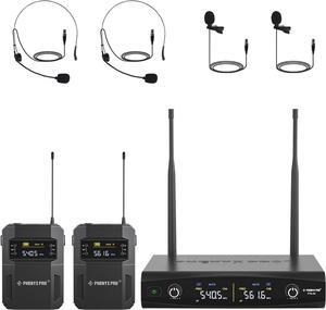 Wireless Microphone System w/ 2x30 Frequencies, Metal Cordless Mic Set, 2 Bodypacks & Headsets/Lapel Microphones for Speaking, Singing, Church, DJ (PTU-52-2B)