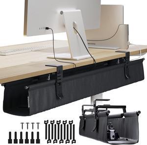 Under Desk Cable Management Tray 53.9" - for Desk Wire Management - Premium Black Fabric to Hide Cords - Clamp/Screw Mount - Supports upto 66lbs - Cable Management Under Desk
