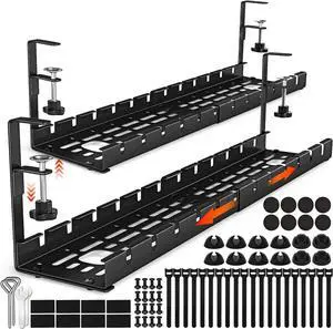 2 Pack Cable Management Under Desk, 15.7"-31" Retractable Cable Management Tray, No Drilling Cord Organizer with Clamp for Desk, Under Table Wire Management Tray for Home Office