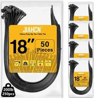 Long Zip Ties Heavy Duty 250 Pack Cable Ties 200lbs UV Resistant Cable Tie 18 Inch Wraps Black Industrial Zip Ties Thick Nylon Wire Ties Large Plastic Zipties for Cable Management, Outdoor Use