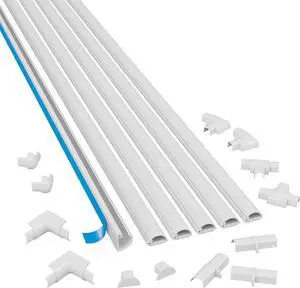 Cord Cover Kit, 30FT Self-Adhesive Wire Hider, Cable Raceway to Hide Wires on Wall, Cable Management - 6 x 5FT Channels and Accessories (0.78in (W) x 0.39in (H), Stainable Wood-Effect)