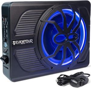 800W Slim Under Seat Powered Car Subwoofer, Car/Truck Audio Sub built in Amplifier, New Upgrade with Blue LED Ambient Light
