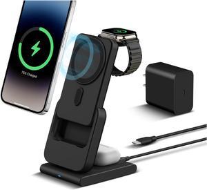 3 in 1 Wireless Charging Station, Foldable Fast Charger Stand with 10000mAh Mag-Safe Portable Battery Bank for iPhone 15/14/13/12, for All  Watch Series, for AirPods 2/3/Pro (White)