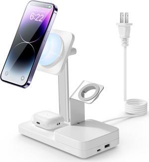 65W 4-in-1 GaN Wireless Charging Station(5-in-1 Stand), Designed for MagSafe Charger Stand, Magnetic Wireless Charger for iPhone 15/14/13, AirPods Pro/3/2, and USB A/C Devices, White