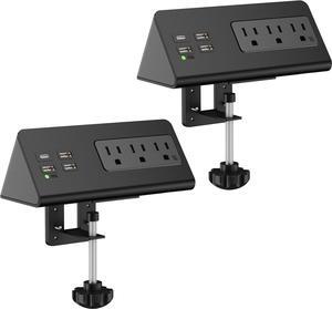 Edge Mount Power Strip with USB-C Ports Tabletop Surge Protector Desk Clamp Power Sockets with 3 AC Outlets &4 Fast Charging USB Ports for Home Office Hotel and Dormitory (Black(2-Pack))