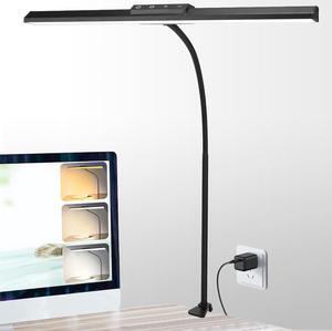 Desk Lamp with Hand-Sweep Sensor Desk Lamps for Home Office Desk Lamp with Clamp with 2 USB C+A Ports 24W LED Desk Light Clip On Desk Lamp with Timer, 3 Colors, 7 Brightness Dimmable Lamp For Desk