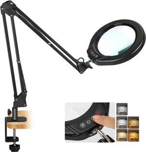 5 Inch Large Magnifying Glass with Light and Stand, 5 Color Modes Stepless Dimmable, Long Swivel Arm LED Clamp Desk Lamp, Hands Free 10X Lighted Magnifier for Close Work Craft Hobby Soldering
