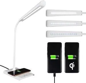 Power-Up LED Desk Lamp with Wireless Qi Charging & USB Charging Port, with ClearSun LED Technology - Flexible Neck, 3 Brightness Settings, Reduces Eyestrain - Task Lamp for Office & Dorms