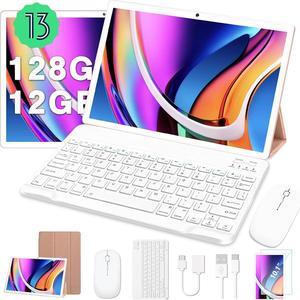 2024 Newest Tablet 10 Inch Android 13 12GB RAM + 128GB ROM Octa-Core (1TB TF) | WiFi 5G | FHD | BT5.0 | GPS | GMS Certified | 8000mAh Battery | 8+5MP | Metal Body with Case Keyboard and Mouse Gold