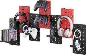 Controller and Headphone Holder Wall Mount, Modular Gaming Pegboard with Accessories, Controller Stand for Xbox PS5 PS4 Switch, Video Game Storage, Disc Shelf Organizer, 14pcs Pegboard, Black