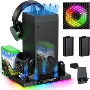 Auto Cooling Fan and Charge Stand Accessories for Xbox Series X Console with 15 Light Modes, Wireless Dual Charger Dock for XSX Controller, 2 Rechargeable Batteries, Headset Stand & Game Disc Storage