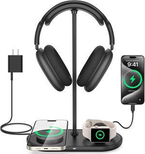 Headphone Stand for Desk, 3-in-1 Universal Headphone Holder with Wireless Charger & USB Charging Ports, Desktop Headset Stand for Airpods Max, Beats, Bose, Sony, Razer and More, Black