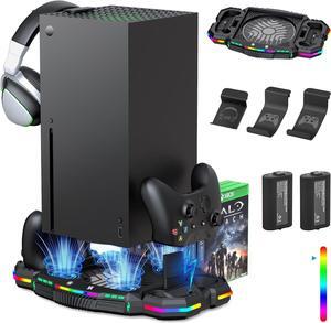 Vertical Cooling Fan Stand and Dual Controller Charging Station for Xbox Series X with RGB Color Lights/USB Ports, 3-Level Fan Cooling System with 2 x 1400 mAh Rechargeable Battery