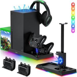 RGB Charging Stand with Cooling Fan for Xbox Series X Console&Controller,Dual Charger Station Cooler System Accessories with 15 RGB Lights,2 x 1400mAh Rechargeable Battery,Headphone stand,Game Discs