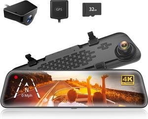 G840S 12'' 4K Mirror Dash Cam Backup Camera, 2160P Full HD Smart Rearview Mirror for Cars & Trucks, Front and Rear View Dual Cameras, Night Vision, Parking Assistance, Included 32GB Card & GPS