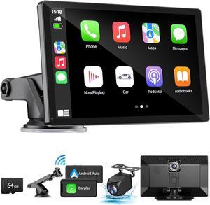 Wireless Carplay Touchscreen with 4K Dash Cam, 9'' Portable  Carplay & Android Auto Car Stereo, Carplay Screen with 1080p Backup Camera, GPS Navigation/Mirror Link/Voice Control/Bluetooth