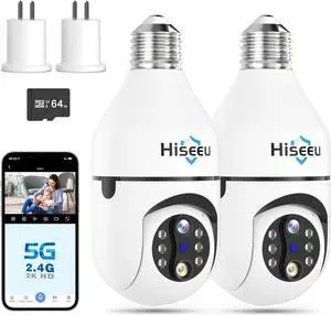 Dual Lens Light Bulb Security Camera Wireless WiFi 2.4GHz,10X Zoom PTZ Light Socket Security Camera Waterproof, 2-Way-Audio, Auto Tracking & Alarm, Color Night Vision, SD & Cloud Storage (2Pcs)