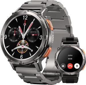 Smart Watch for Men, 60 Days Extra-Long Battery, 50M Waterproof, AI Assistant 1.43 AMOLED Always-On Display Rugged Military Smartwatch Answer/Make Call for Android iPhone, Silver(2 Straps)