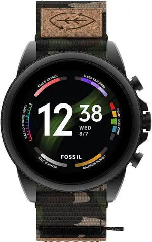 Men's Gen 6 44mm Stainless Steel and Cork Touchscreen Smart Watch, Stainless steel, Color: Black, Camo (Model: FTW4063V)