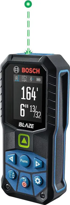 BOSCH GLM165-27CGL 165 Ft Blaze Green-Beam Laser Distance Measure with 3.7V Lithium-Ion 1.0 Ah Battery, Includes 1.0 Ah 3.7V Lithium-Ion Battery, Belt Clip, & Pouch