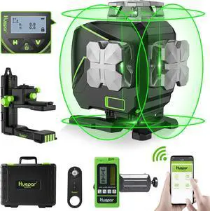 Laser Level 360 Self-Leveling, 4 x 360 Green Cross Line Laser with LCD Screen, 4D Bluetooth Tiling Laser Tool for Construction-360 Horizontal/Vertical Laser-Remote Control&Hard Carry Case S04CG